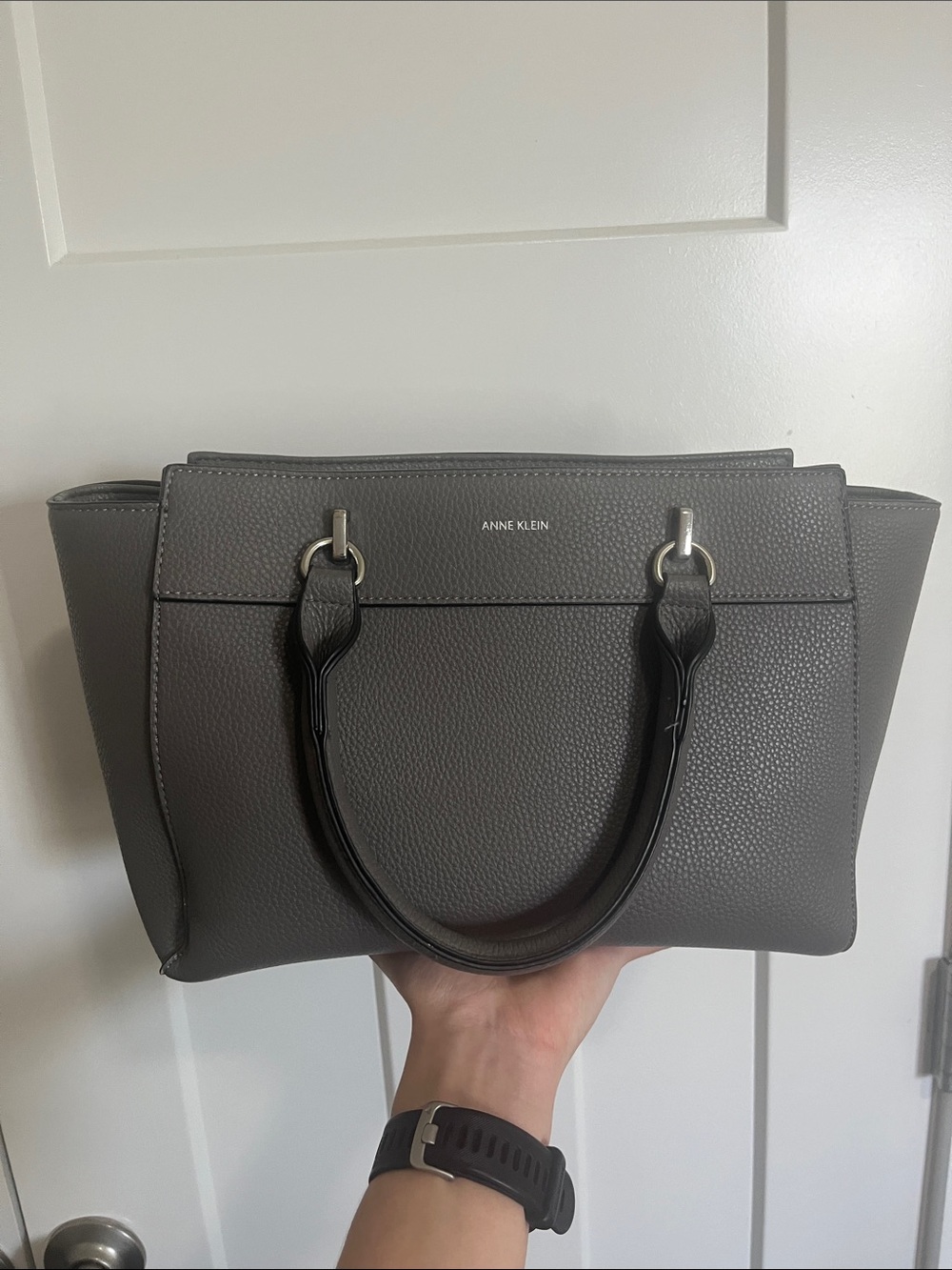 Anne Klein Dark Gray Pebbled Satchel with handles and detachable shoulder strap